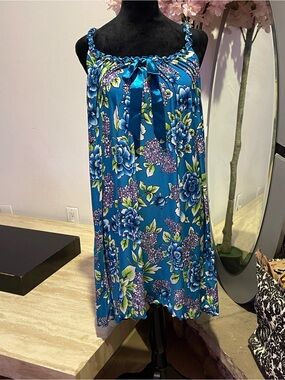 Morgan Taylor Teal Floral Satin Chemise with Ribbon Bow